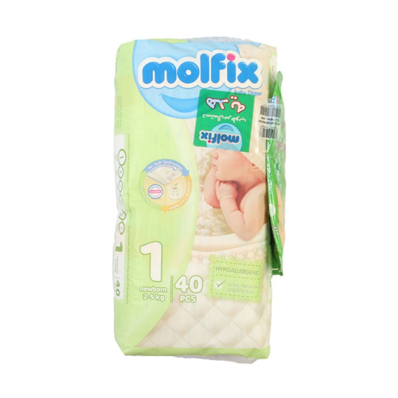 پوشک کامل بچه مولفیکس  سایز 1 نوزادی 40 عددی همراه با دستمال مرطوب