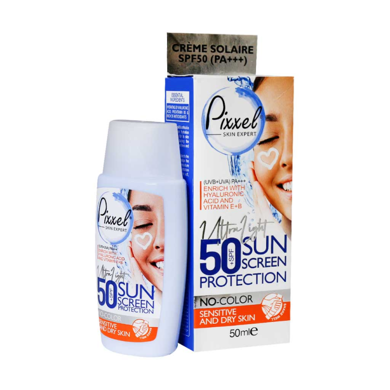 کرم ضد آفتاب SPF50 بی رنگ  پیکسل مناسب پوست خشک و حساس 50 میلی لیتر