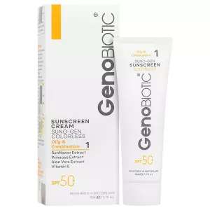 کرم ضد آفتاب SPF50 بی رنگ ژنوبایوتیک پوست چرب 50 گرمی