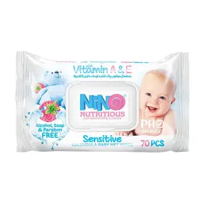 دستمال مرطوب پاک کننده کودک حاوی کالاندولا ویتامین A و E نینو انجیر طلایی 70 عدد